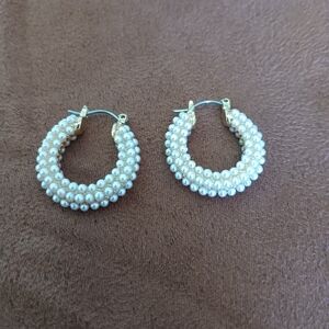 Pearl Cluster Hoop Earrings | Gold Tone | Elegant Classic Style